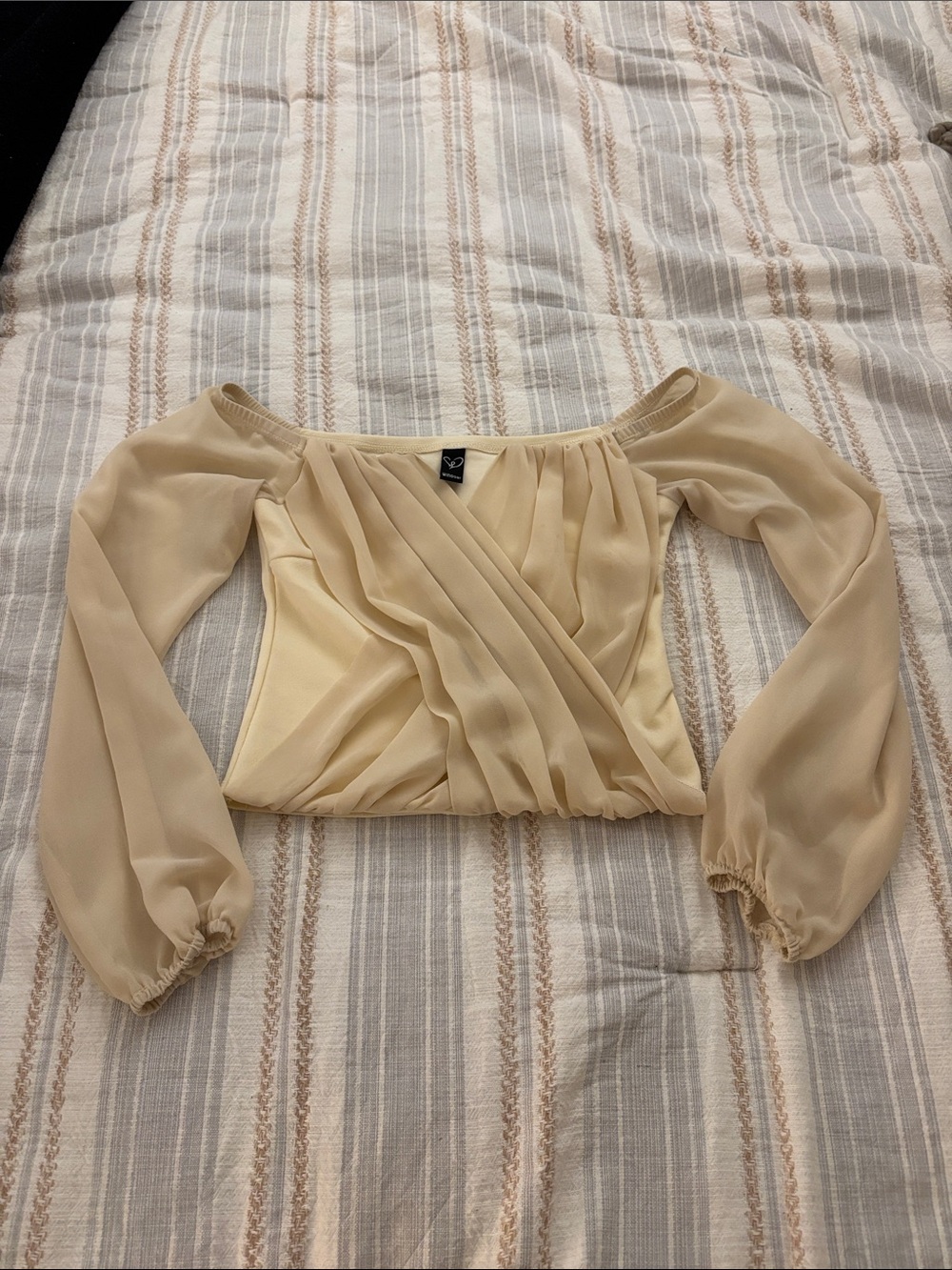 Windsor Beige Off-Shoulder Sheer Sleeve Wrap Top